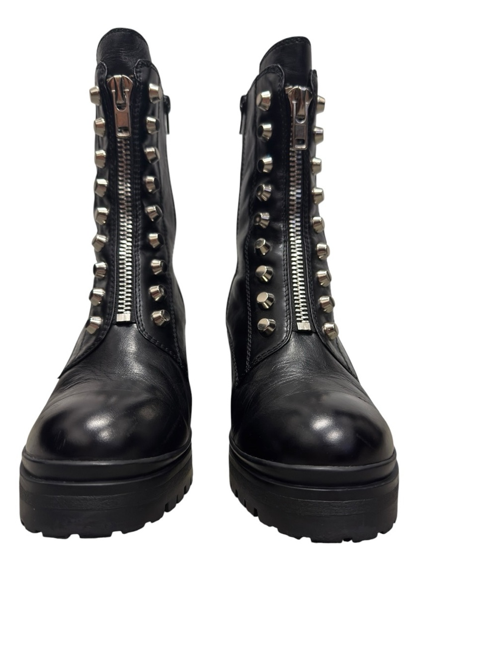 Tonette Combat Black Chunky Moto Edgy Leather Lug Sole Studded Platform Boots - Picture 3 of 17